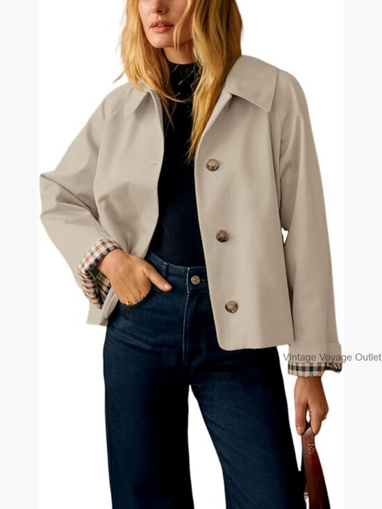 Jackets & Blazers - Women's Oversized Trench Coat Casual Jacket with Plaid Lining Pockets